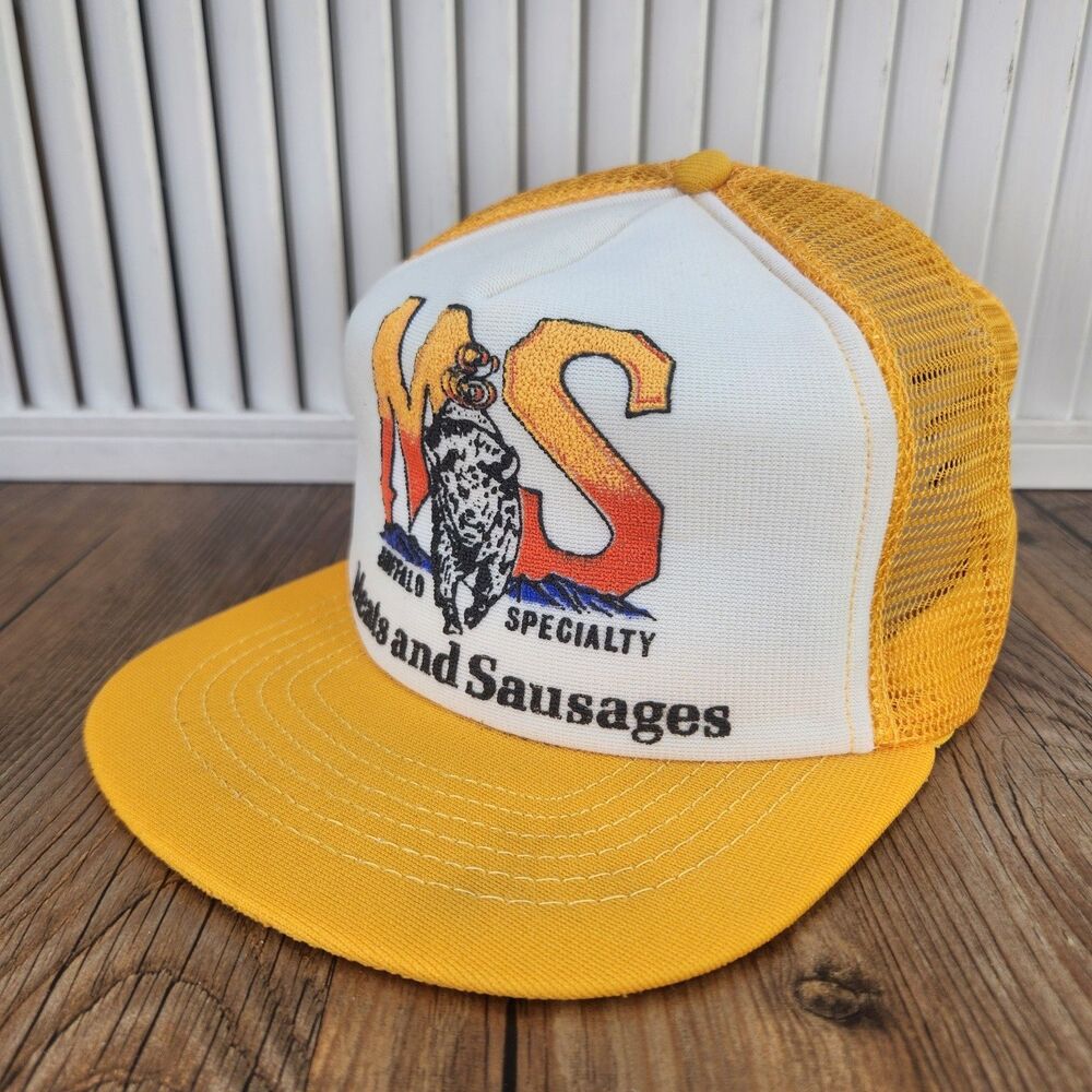 VTG Buffalo Specialty Meats & Sausages Trucker Hat Yellow Snapback Cap USA Made